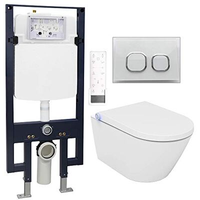 Bernstein Pack WC japonais + Bâti-support plaque Verre Blanc, Toilettes suspendu lavant céramique + télécommande, jet douche, séchoir air chaud, filtre à odeurs, Chasse 180°, 59x38x38cm Pro+1102 - Publicité Bernstein Pack WC japonais + Bâti-support plaque Verre Blanc, Toilettes suspendu lavant céramique + télécommande, jet douche, séchoir air chaud, filtre à odeurs, Chasse 180°, 59x38x38cm Pro+1102 - Publicité