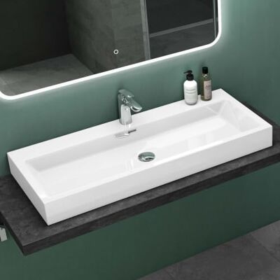 Mai & Mai Vasque Rectangulaire Posée Suspendue 100x42x10cm avec Trop-Plein Vasque Lavabo, Perçage Robinet, Surface Lisse, et Facile à Nettoyer, pour Grande Salle de Bains, Colossum06 - Publicité Mai & Mai Vasque Rectangulaire Posée Suspendue 100x42x10cm avec Trop-Plein Vasque Lavabo, Perçage Robinet, Surface Lisse, et Facile à Nettoyer, pour Grande Salle de Bains, Colossum06 - Publicité