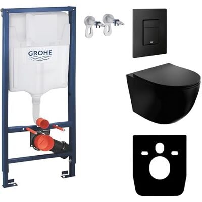 lavita GROHE Solido + WC suspendu mural Sinto noir sans bord + abattant de WC avec système d'abaissement automatique Bouton noir Kit complet encastré WC complet - Publicité lavita GROHE Solido + WC suspendu mural Sinto noir sans bord + abattant de WC avec système d'abaissement automatique Bouton noir Kit complet encastré WC complet - Publicité