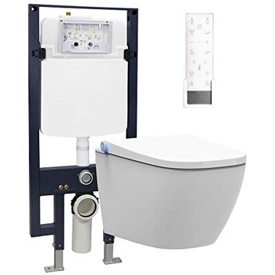 Bernstein Pack WC japonais + Bâti-support plaque Verre Blanc, Toilettes suspendu lavant + télécommande, jet douche, séchoir air chaud, filtre & ventilateur à odeurs, Chasse 180°, 59x38x38cm, Pro+1104 - Publicité Bernstein Pack WC japonais + Bâti-support plaque Verre Blanc, Toilettes suspendu lavant + télécommande, jet douche, séchoir air chaud, filtre & ventilateur à odeurs, Chasse 180°, 59x38x38cm, Pro+1104 - Publicité