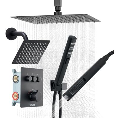 VEVOR Ensemble de Robinetterie de Douche, Système de Douche Thermostatique à 3 Fonctions, Pommeau Haut à Effet Pluie de 30,5 cm, Pommeau Mural et Douchette à Main 2-en-1, Salle de Bain, Noir Mat - Publicité VEVOR Ensemble de Robinetterie de Douche, Système de Douche Thermostatique à 3 Fonctions, Pommeau Haut à Effet Pluie de 30,5 cm, Pommeau Mural et Douchette à Main 2-en-1, Salle de Bain, Noir Mat - Publicité