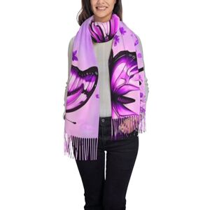 BLWSLC Écharpe à poils longs en faux cachemire avec pompons imprimés papillons violets adaptée pour l'automne ou l'hiver - Publicité BLWSLC Écharpe à poils longs en faux cachemire avec pompons imprimés papillons violets adaptée pour l'automne ou l'hiver - Publicité