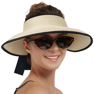 Creekstone Chapeau de soleil pour femme avec visière de paille à large bord, protection UV, pliable, chapeau de plage, queue de cheval, voyage, UPF 50+ - Publicité Creekstone Chapeau de soleil pour femme avec visière de paille à large bord, protection UV, pliable, chapeau de plage, queue de cheval, voyage, UPF 50+ - Publicité