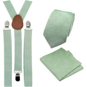 DB Dickie Bow Ensemble cravate et bretelles en coton mélangé de luxe pour homme, Cravate et carré de poche et bretelles en eucalyptus Vert sauge, Tie Length: 147cm. Pocket Square: 23cm x 23cm - Publicité DB Dickie Bow Ensemble cravate et bretelles en coton mélangé de luxe pour homme, Cravate et carré de poche et bretelles en eucalyptus Vert sauge, Tie Length: 147cm. Pocket Square: 23cm x 23cm - Publicité