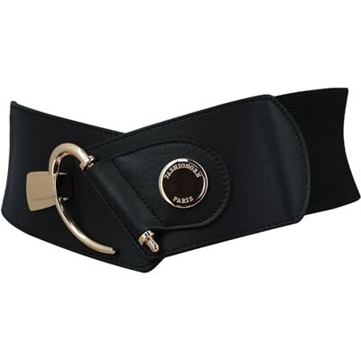 FASHIONGEN Ceinture femme élastique Cuir de Vachette, DARLENE, Fabriqué en France Noir (Boucle doré), Large - Publicité FASHIONGEN Ceinture femme élastique Cuir de Vachette, DARLENE, Fabriqué en France Noir (Boucle doré), Large - Publicité