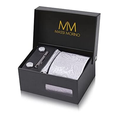 Massi Morino Cravate Homme avec mouchoirs de poche, boutons de manchette et Pinces à cravates Coffret cadeau Accessoires de Fete de Mariage - Publicité Massi Morino Cravate Homme avec mouchoirs de poche, boutons de manchette et Pinces à cravates Coffret cadeau Accessoires de Fete de Mariage - Publicité