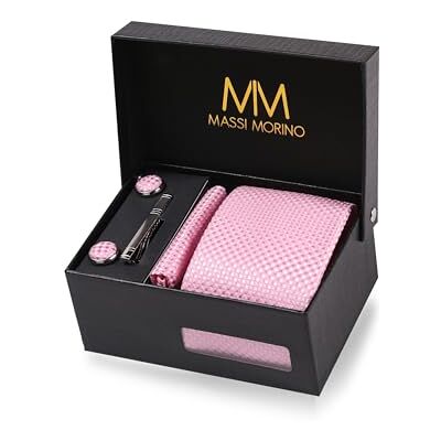Massi Morino Cravate Homme – Coffret Pochette Costume, Boutons de Manchette, Épingle à Cravate, Microfibre Imitation Soie, Rosa Kariert - Publicité Massi Morino Cravate Homme – Coffret Pochette Costume, Boutons de Manchette, Épingle à Cravate, Microfibre Imitation Soie, Rosa Kariert - Publicité