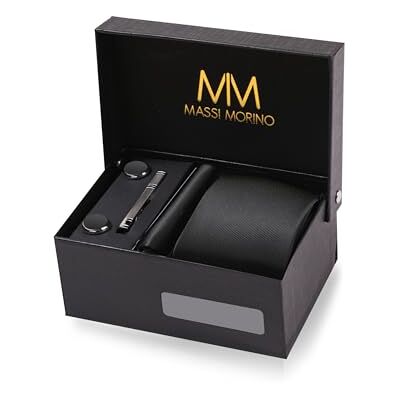 Massi Morino Cravate Homme Noir et mouchoirs de poche, boutons de manchette et Pinces à cravates Coffret cadeau Accessoires de Fete de Mariage - Publicité Massi Morino Cravate Homme Noir et mouchoirs de poche, boutons de manchette et Pinces à cravates Coffret cadeau Accessoires de Fete de Mariage - Publicité