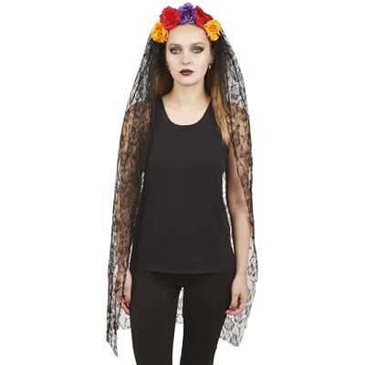 P'tit Clown 16108 Serre-Tête Halloween Femme Voile avec Fleurs Day of the Dead Jour des Morts - Publicité P'tit Clown 16108 Serre-Tête Halloween Femme Voile avec Fleurs Day of the Dead Jour des Morts - Publicité