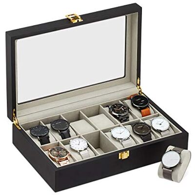 Relaxdays boîte à montres, 12 emplacements, vitrine en verre, velours noir Protection anti-rayures, bois, coffret à montres, H x L x P 8 x 31 x 20 cm - Publicité Relaxdays boîte à montres, 12 emplacements, vitrine en verre, velours noir Protection anti-rayures, bois, coffret à montres, H x L x P 8 x 31 x 20 cm - Publicité