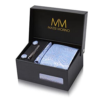 Massi Morino Cravate Hommes Paisley bleu clair et mouchoirs de poche, boutons de manchette et Pinces à cravates Coffret cadeau Accessoires de Fete de Mariage - Publicité Massi Morino Cravate Hommes Paisley bleu clair et mouchoirs de poche, boutons de manchette et Pinces à cravates Coffret cadeau Accessoires de Fete de Mariage - Publicité