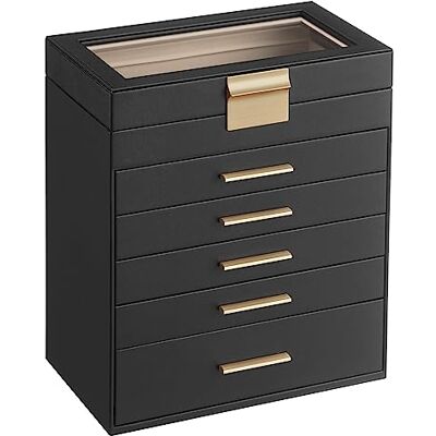 SONGMICS Collection GISELLA Boîte à Bijoux, Écrin à Accessoires 6 Niveaux, Coffre de Rangement, Couvercle en Verre, 5 Tiroirs, Moderne, Noir d'Encre et Doré, 16,3 x 25,1 x 29 cm JBC171B01 - Publicité SONGMICS Collection GISELLA Boîte à Bijoux, Écrin à Accessoires 6 Niveaux, Coffre de Rangement, Couvercle en Verre, 5 Tiroirs, Moderne, Noir d'Encre et Doré, 16,3 x 25,1 x 29 cm JBC171B01 - Publicité