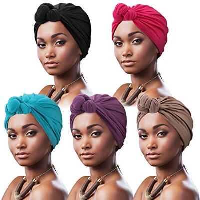 DRESHOW 5 Pièces Turban Africain pour Femme Bonnet Pré-noué Bonnet Chimio Casquette de Perte de Cheveux Chapeau,Taille unique,5 Pack Knotted: Noir, Khaki, Rose, Violet, Teal - Publicité DRESHOW 5 Pièces Turban Africain pour Femme Bonnet Pré-noué Bonnet Chimio Casquette de Perte de Cheveux Chapeau,Taille unique,5 Pack Knotted: Noir, Khaki, Rose, Violet, Teal - Publicité