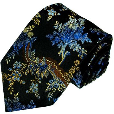 LORENZO CANA – Cravate 100% soie marque – Noir Bleu Doré Fleurs Motif floral – - Publicité LORENZO CANA – Cravate 100% soie marque – Noir Bleu Doré Fleurs Motif floral – - Publicité