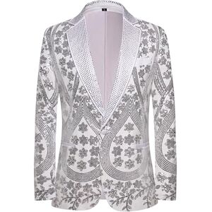 PYJTRL Blazer pour Homme brodé à Paillettes avec col cranté en Strass pour fête de Mariage Bal, Argenté, Taille L - Publicité PYJTRL Blazer pour Homme brodé à Paillettes avec col cranté en Strass pour fête de Mariage Bal, Argenté, Taille L - Publicité