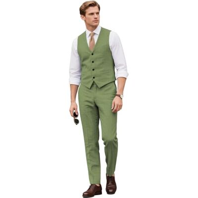 Botong Ensemble 2 pièces en lin décontracté pour homme avec gilet et pantalon, costume d'affaires formel, coupe ajustée, smoking - Publicité Botong Ensemble 2 pièces en lin décontracté pour homme avec gilet et pantalon, costume d'affaires formel, coupe ajustée, smoking - Publicité