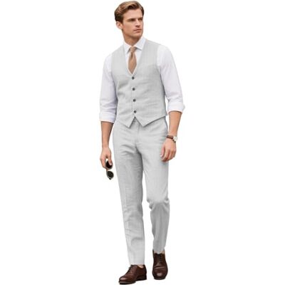 Botong Ensemble 2 pièces en lin décontracté pour homme avec gilet et pantalon, costume d'affaires formel, coupe ajustée, smoking - Publicité Botong Ensemble 2 pièces en lin décontracté pour homme avec gilet et pantalon, costume d'affaires formel, coupe ajustée, smoking - Publicité