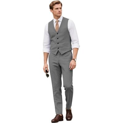 Botong Ensemble 2 pièces en lin décontracté pour homme avec gilet et pantalon, costume d'affaires formel, coupe ajustée, smoking - Publicité Botong Ensemble 2 pièces en lin décontracté pour homme avec gilet et pantalon, costume d'affaires formel, coupe ajustée, smoking - Publicité