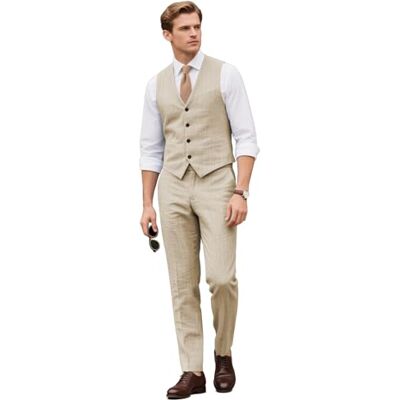Botong Ensemble 2 pièces en lin décontracté pour homme avec gilet et pantalon, costume d'affaires formel, coupe ajustée, smoking - Publicité Botong Ensemble 2 pièces en lin décontracté pour homme avec gilet et pantalon, costume d'affaires formel, coupe ajustée, smoking - Publicité
