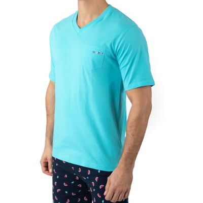 MARINER Pyjama Short Homme Encolure V en Jersey de Coton uni et imprimé Turquoise I516 - Publicité MARINER Pyjama Short Homme Encolure V en Jersey de Coton uni et imprimé Turquoise I516 - Publicité