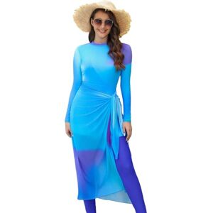 Odizli Burkini Musulman Tie Dye Imprimé Body à manches longues + maillot de bain + jupe portefeuille Sarong Maillot de bain mode, Bleu 4 pièces, L - Publicité