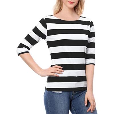 Allegra K T-Shirt À Rayures pour Femmes Coupe Ajustée Blouse Décontracté Col Bateau et Manches 3/4 Noir Blanc XL - Publicité Allegra K T-Shirt À Rayures pour Femmes Coupe Ajustée Blouse Décontracté Col Bateau et Manches 3/4 Noir Blanc XL - Publicité