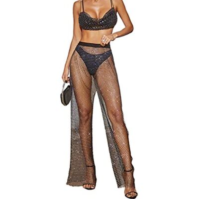 Générique 1 pantalon en maille scintillante pour femme Pantalon long en maille filet Strass Taille haute Collants résille Collants de bikini sexy Pantalon de plage, Noir , S - Publicité Générique 1 pantalon en maille scintillante pour femme Pantalon long en maille filet Strass Taille haute Collants résille Collants de bikini sexy Pantalon de plage, Noir , S - Publicité