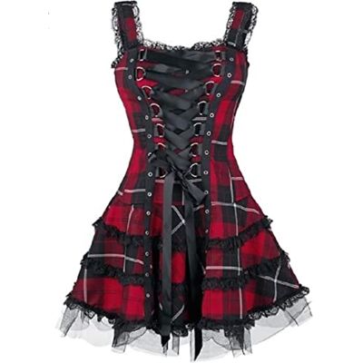 MENGQING Vintage Plaid Bandage Gothique Femmes A-ligne Robes Grunge Esthétique Dentelle Garniture Patchwork Mini Robe Punk Sexy - Publicité MENGQING Vintage Plaid Bandage Gothique Femmes A-ligne Robes Grunge Esthétique Dentelle Garniture Patchwork Mini Robe Punk Sexy - Publicité