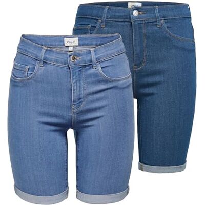 Only Onlrain Short en jean pour femme, taille moyenne, coupe ajustée, B : denim bleu clair/bleu moyen, M - Publicité Only Onlrain Short en jean pour femme, taille moyenne, coupe ajustée, B : denim bleu clair/bleu moyen, M - Publicité