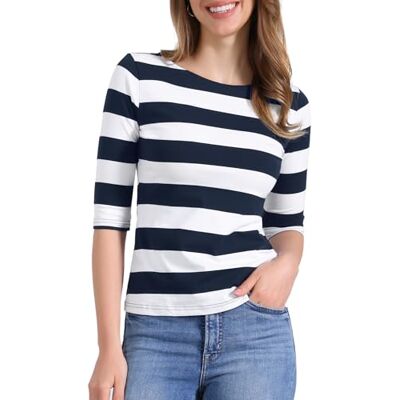Allegra K T-Shirt À Rayures pour Femmes Coupe Ajustée Blouse Décontracté Col Bateau et Manches 3/4 Bleu S - Publicité Allegra K T-Shirt À Rayures pour Femmes Coupe Ajustée Blouse Décontracté Col Bateau et Manches 3/4 Bleu S - Publicité