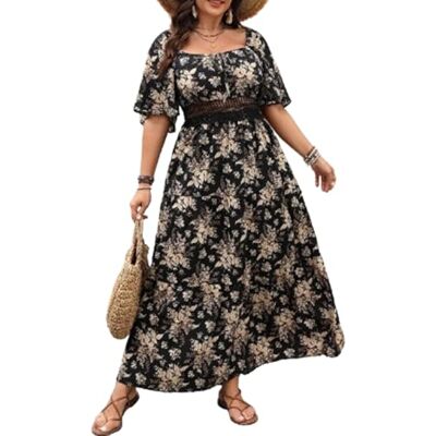 BSLVWG Femmes Casual Plus Taille bohème col carré Manches Courtes imprimé Long Oversize Taille élastique a Ligne Plage Swing Robe - Publicité BSLVWG Femmes Casual Plus Taille bohème col carré Manches Courtes imprimé Long Oversize Taille élastique a Ligne Plage Swing Robe - Publicité