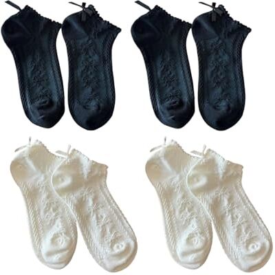 ThiCc Lolita Lot de 4 paires de chaussettes à volants en dentelle pour femme Style japonais JK Blanc Noir Coupe basse Coupe basse avec nœud doux Bordure à volants pour un usage quotidien - Publicité ThiCc Lolita Lot de 4 paires de chaussettes à volants en dentelle pour femme Style japonais JK Blanc Noir Coupe basse Coupe basse avec nœud doux Bordure à volants pour un usage quotidien - Publicité