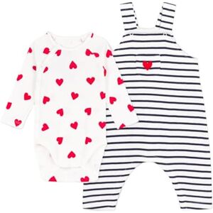 Petit Bateau Ensemble salopette/body bébé rayé et body imprimé cœurs - Publicité Petit Bateau Ensemble salopette/body bébé rayé et body imprimé cœurs - Publicité
