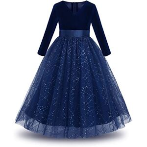 IBAKOM Enfants Filles Robe Velours Manches Longues Robe Col V Paillette Tulle Festival Noël Fête Anniversaire Communion Pageant Bal Tutu Formel Robes Longues Bleu Marine 9-10 Ans - Publicité