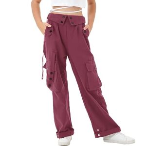 Rolanko Pantalon Cargo pour Filles, Taille Haute Elastique avec Poches Multiples, Pantalon Cargo à Jambes Larges pour Enfants, Rouge, Taille: 170/13-15 Ans - Publicité