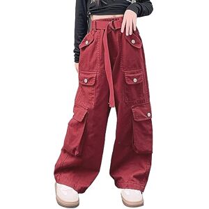 Rolanko Pantalon Cargo Baggy pour Filles, Pantalon Streetwear Élastique à Taille Haute et à Jambes Larges avec Poches Multiples, Rouge, Taille: 160/10-11 Ans - Publicité