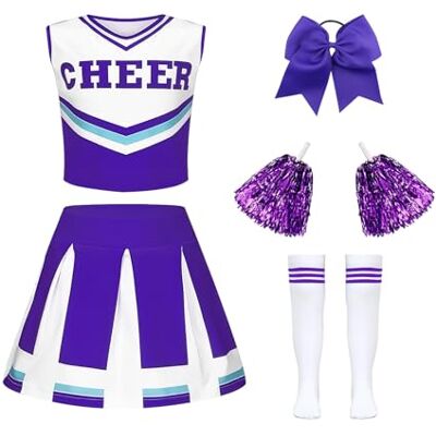Luckyou Deguisement Pompom Girl Enfant Fille Costume De Cheerleader Déguisement Uniforme de Pom-pom Girl avec Pompoms Chaussettes pour Halloween Mascarade Carnaval,Purple,170cm - Publicité Luckyou Deguisement Pompom Girl Enfant Fille Costume De Cheerleader Déguisement Uniforme de Pom-pom Girl avec Pompoms Chaussettes pour Halloween Mascarade Carnaval,Purple,170cm - Publicité