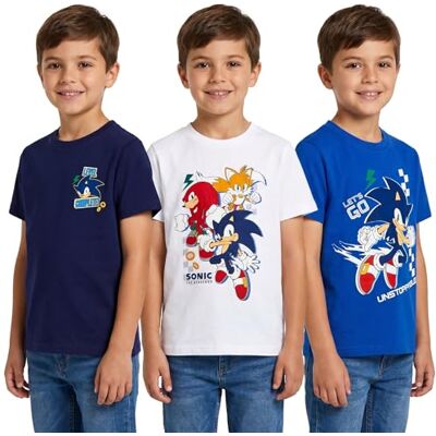 SONIC THE HEDGEHOG Lot de 3 t-shirts pour garçons Lot de 3 t-shirts pour enfants Vêtements 100 % coton Sonic, queues et phalanges Produit officiel Sonic - Publicité SONIC THE HEDGEHOG Lot de 3 t-shirts pour garçons Lot de 3 t-shirts pour enfants Vêtements 100 % coton Sonic, queues et phalanges Produit officiel Sonic - Publicité