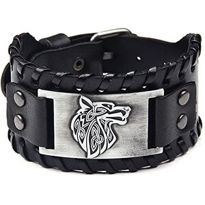 Thajaling Bracelet en cuir large noir Antique argent tête de loup motif bracelet bracelets manchette vintage pour hommes et femmes - Publicité Thajaling Bracelet en cuir large noir Antique argent tête de loup motif bracelet bracelets manchette vintage pour hommes et femmes - Publicité