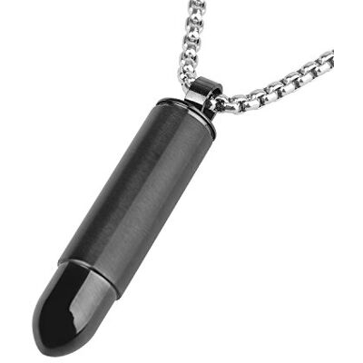 DonDon Collier homme en acier inoxydable avec pendentif cartouche noire à tourner avec poche secrete 52 cm dans uns pochette en velours noir - Publicité DonDon Collier homme en acier inoxydable avec pendentif cartouche noire à tourner avec poche secrete 52 cm dans uns pochette en velours noir - Publicité