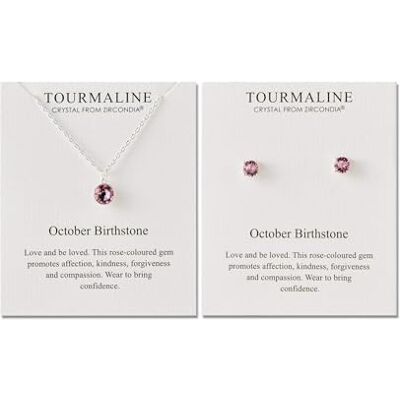 Philip Jones Ensemble collier et boucles d'oreilles avec pierre de naissance d'octobre (tourmaline) créés avec des cristaux Zircondia® - Publicité Philip Jones Ensemble collier et boucles d'oreilles avec pierre de naissance d'octobre (tourmaline) créés avec des cristaux Zircondia® - Publicité