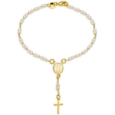 Bling Jewelry Bracelet De Prière En Perles De Rosée Blanches Avec Une Croix De Perles Simulées Représentant La Vierge Marie La Mère Protectrice Pour Les Femmes Plaqué Or 18 Carats En Laiton Mesure 7,5 Pouces - Publicité Bling Jewelry Bracelet De Prière En Perles De Rosée Blanches Avec Une Croix De Perles Simulées Représentant La Vierge Marie La Mère Protectrice Pour Les Femmes Plaqué Or 18 Carats En Laiton Mesure 7,5 Pouces - Publicité