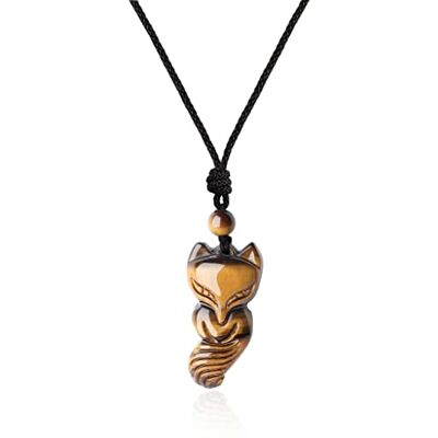 COAI Collier Ajustable Pendentif Renard Pierres Véritables Œil de Tigre Jaune Unisexe - Publicité COAI Collier Ajustable Pendentif Renard Pierres Véritables Œil de Tigre Jaune Unisexe - Publicité