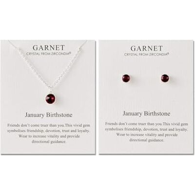 Philip Jones Ensemble collier et boucles d'oreilles avec pierre de naissance de janvier (grenat) créés avec des cristaux Zircondia® - Publicité Philip Jones Ensemble collier et boucles d'oreilles avec pierre de naissance de janvier (grenat) créés avec des cristaux Zircondia® - Publicité