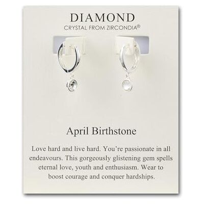 Philip Jones Boucles d'oreilles créoles April Birthstone créées avec des cristaux Diamond Zircondia® - Publicité Philip Jones Boucles d'oreilles créoles April Birthstone créées avec des cristaux Diamond Zircondia® - Publicité