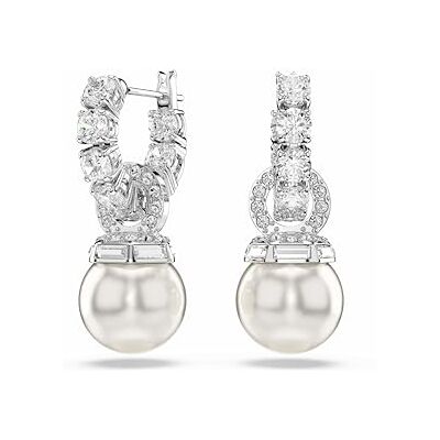 Swarovski Pendants d’oreilles Matrix, mini créoles ornées de cristaux ronds blancs accompagnées d'une perle de cristal ronde blanche suspendue, design délicat et raffiné, en métal rhodié - Publicité Swarovski Pendants d’oreilles Matrix, mini créoles ornées de cristaux ronds blancs accompagnées d'une perle de cristal ronde blanche suspendue, design délicat et raffiné, en métal rhodié - Publicité