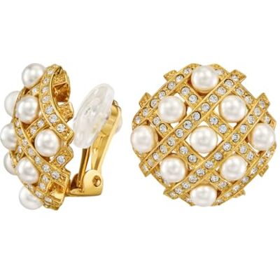 Traveller Boucles d'oreilles à clips Pour femme Plaqué or 22 carats Perle Diamètre 4 mm Blanc Cristaux 22 x 22 mm - Publicité Traveller Boucles d'oreilles à clips Pour femme Plaqué or 22 carats Perle Diamètre 4 mm Blanc Cristaux 22 x 22 mm - Publicité