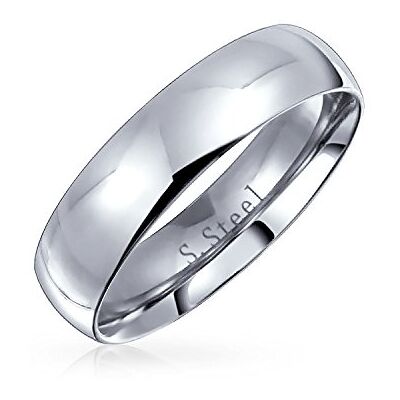 Bling Jewelry Personalisierter Unisex-Ehering mit schlichtem, einfachem Domprofil für Paare für Frauen und Männer, poliert, goldplattiert, silberfarbener Edelstahl, 5 mm - Publicité Bling Jewelry Personalisierter Unisex-Ehering mit schlichtem, einfachem Domprofil für Paare für Frauen und Männer, poliert, goldplattiert, silberfarbener Edelstahl, 5 mm - Publicité
