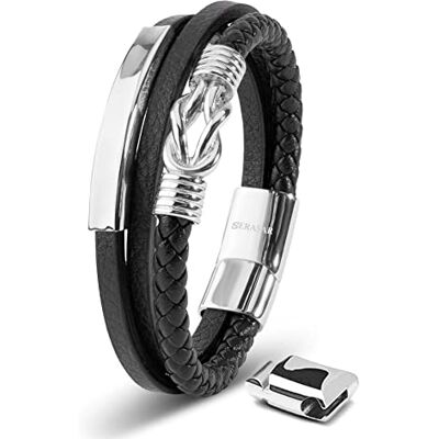 SERASAR Bracelet Argent 17cm Homme Cuir Bijoux Tressé Chaine - Publicité SERASAR Bracelet Argent 17cm Homme Cuir Bijoux Tressé Chaine - Publicité