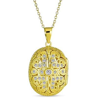 Bling Jewelry Collier En Argent Sterling 14K Plaqué Or 925 Pour Femmes Ados Diffuseur D'Huiles Essentielles Coeur D'Amour Et Trèfle Ovale Vintage Antique - Publicité Bling Jewelry Collier En Argent Sterling 14K Plaqué Or 925 Pour Femmes Ados Diffuseur D'Huiles Essentielles Coeur D'Amour Et Trèfle Ovale Vintage Antique - Publicité
